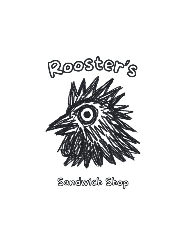The hand-drawn Rooster's Sandwich Shop logo in black on white