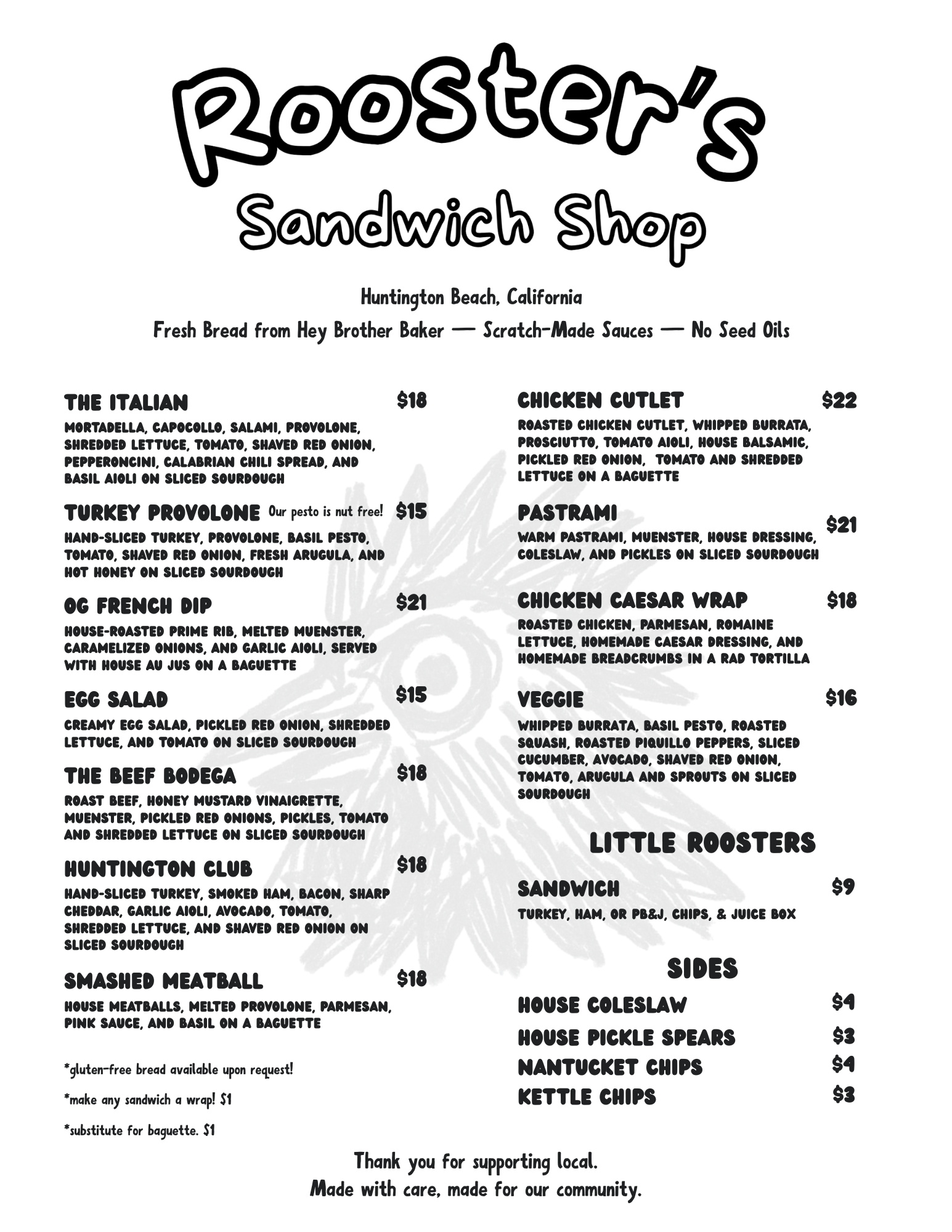 Rooster's Sandwich Shop full menu